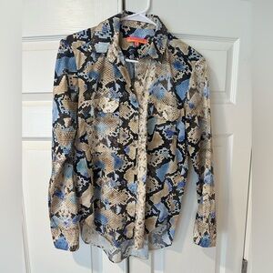 Vilagallo Blue, Black and Tan Snakeskin Print Button-Down Top